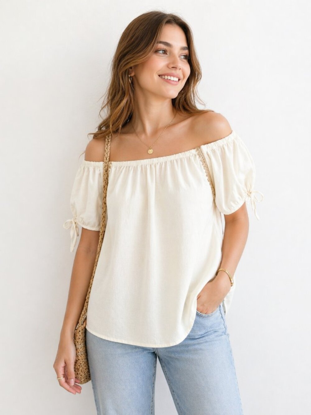 Herve Benard Off Shoulder Blouse Size M White Boho Puff Sleeve New